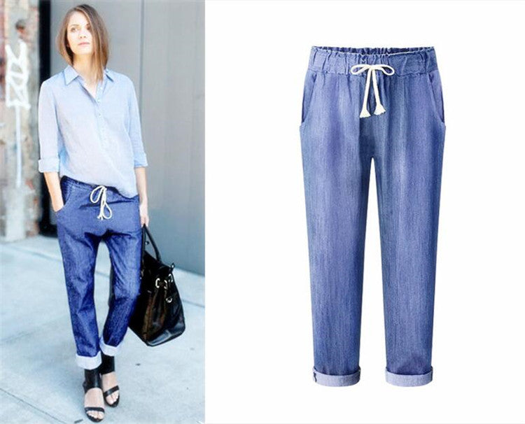 Plus size Jeans 2024 Casual Loose Elastic Waist Loose denim Trousers Women Autumn Solid Color Cotton baggy jeans women 6XL
