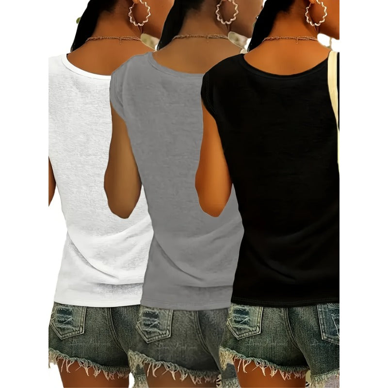 Plus Size Women's Solid Color Fashionable V-Neck Sleeveless T-Shirt Three-piece set Casual And Loose Summer Street Tank Tops