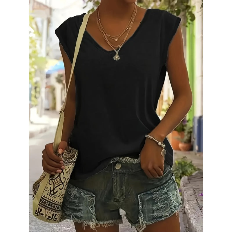 Plus Size Women's Solid Color Fashionable V-Neck Sleeveless T-Shirt Three-piece set Casual And Loose Summer Street Tank Tops