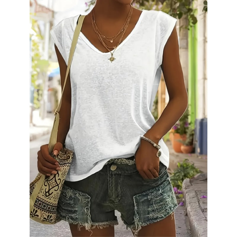 Plus Size Women's Solid Color Fashionable V-Neck Sleeveless T-Shirt Three-piece set Casual And Loose Summer Street Tank Tops