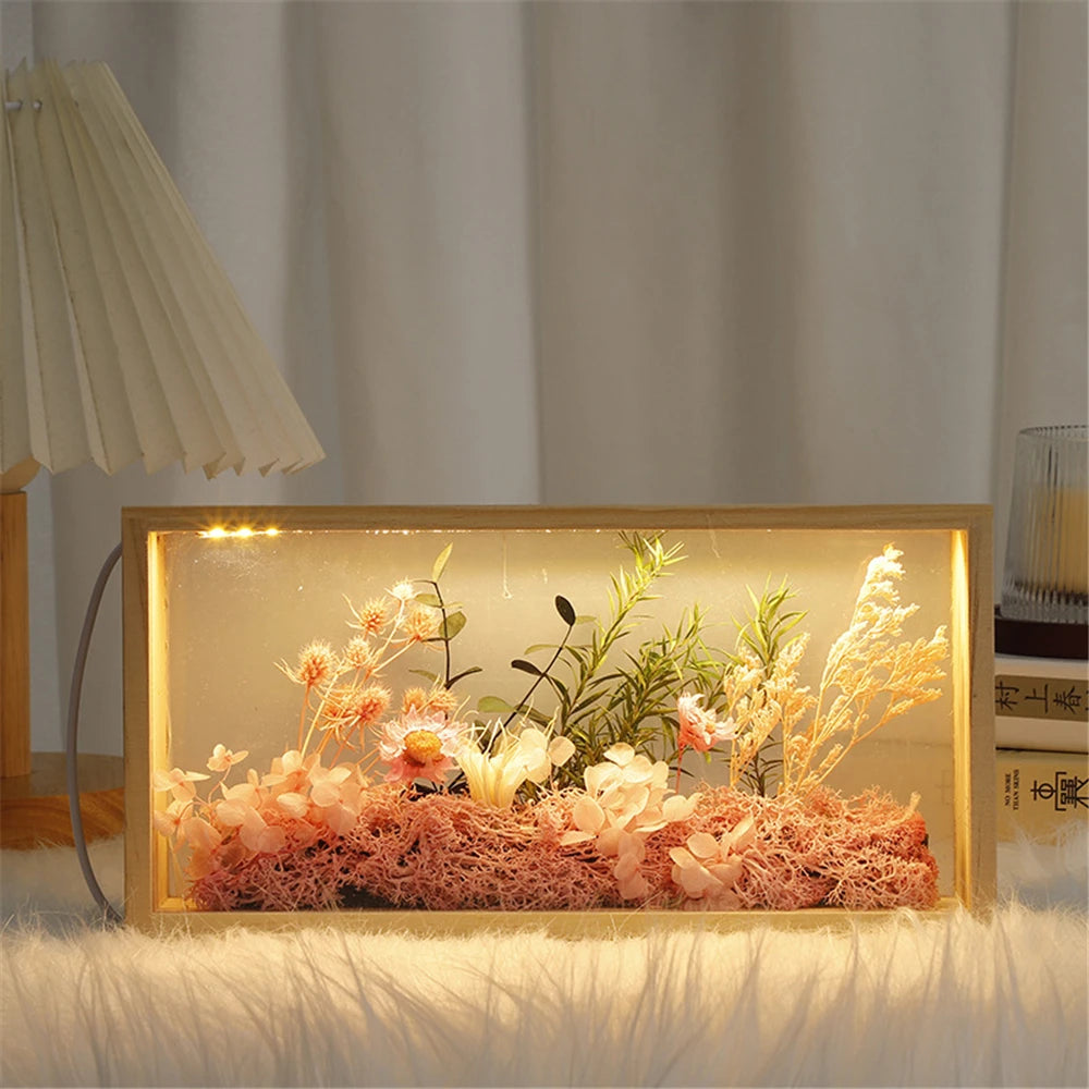 Dry Flower DIY Photo Frame with LED Light USB Charging Port Handmade Creative Frames Home Office Ornament Beautiful Decoration