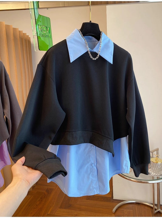 Fake Two Piece Pullover Tops Women 2025 New Autumn Fashion Splicing Design Turn-down Collar Long Sleeved Shirt Tops