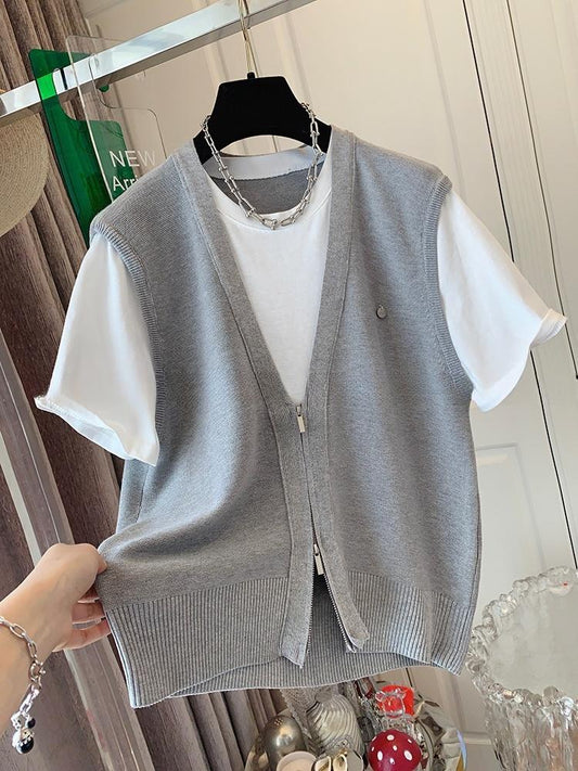 American Style Fake Two Piece Knitted Shirt Short Sleeved T-shirt Loose Top Women's 2025 Summer New Fashion T-shirt