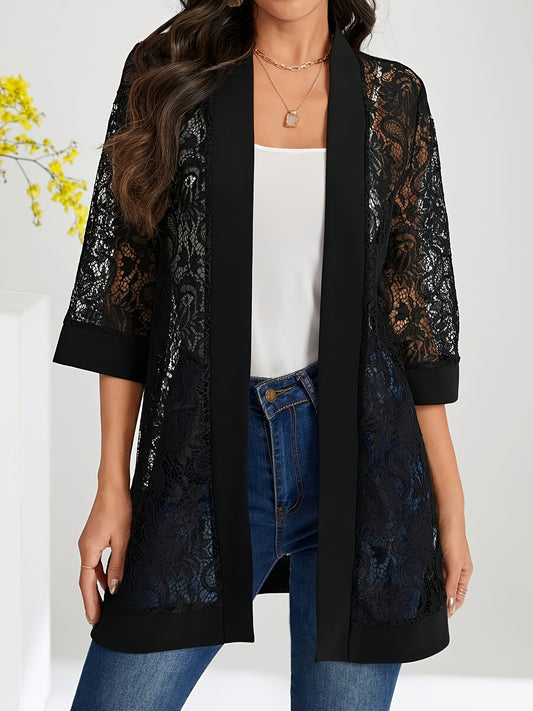 Plus Size Lace Jacket for Women Black Floral Pattern Casual Style Medium Stretch Fabric All Seasons Floral Pattern Cardigan