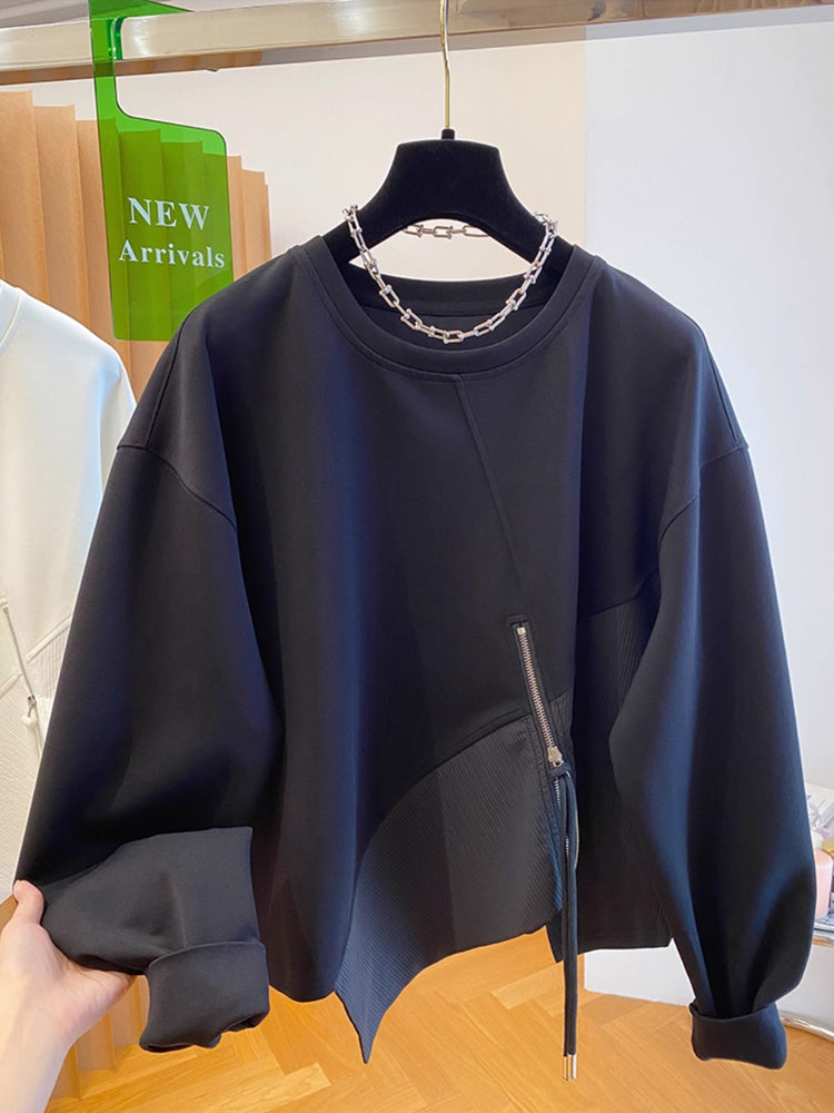 Autumn and Winter Women's Pullover Round Neck Hoodie Lazy Style Splicing Design Loose Long Sleeve Tops
