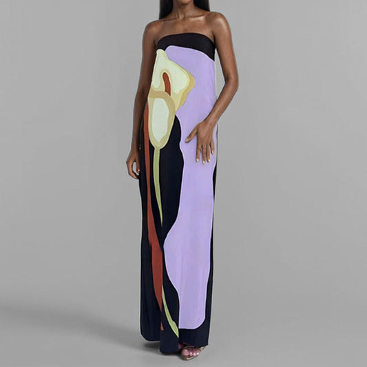 2024 Summer Women Strapless Backless Flower Printed Long Dress Women Sleeveless Off Shoulder Vestidos Plus Size S-3XL Streetwear