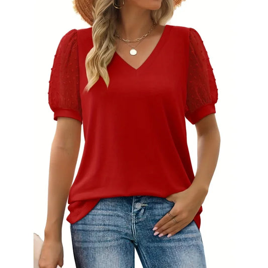 Plus Size 1XL-5XL New Women's Short Sleeve Casual Bubble Sleeve T-Shirt V-Neck Women's Top Multi-Color Casual Women Blouse