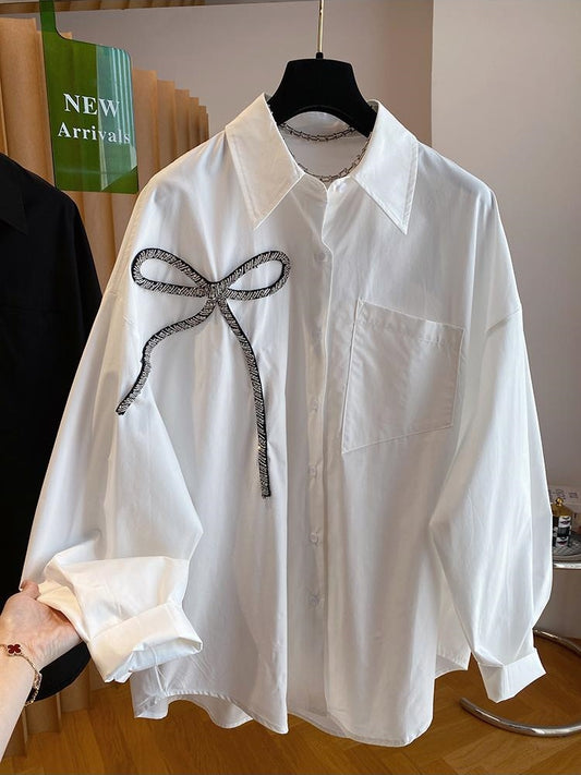 2025 Summer New Bow Long Sleeve Shirts Solid Color Loose Button Up Blouse Design Sense Niche Women Casual Tops