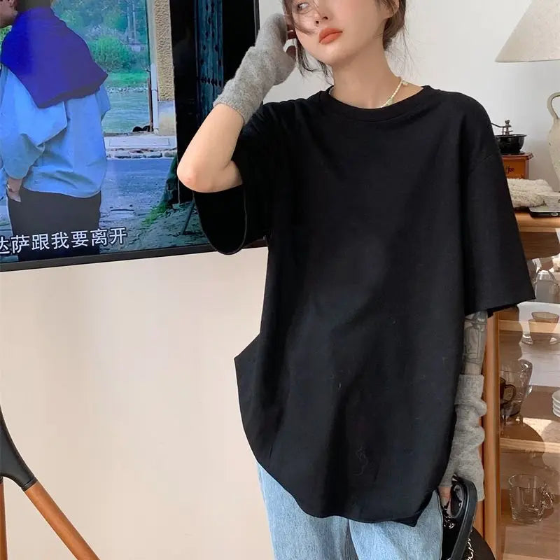 Women Short Sleeved T-shirt Pure Cotton Oversized Black and White Versatile Simple Loose Round Neck Half Sleeve Top Summer