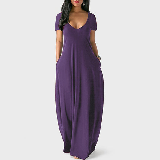 European and American summer cross-border foreign trade new plus size women's solid color dress sexy deep V short sleeved long s